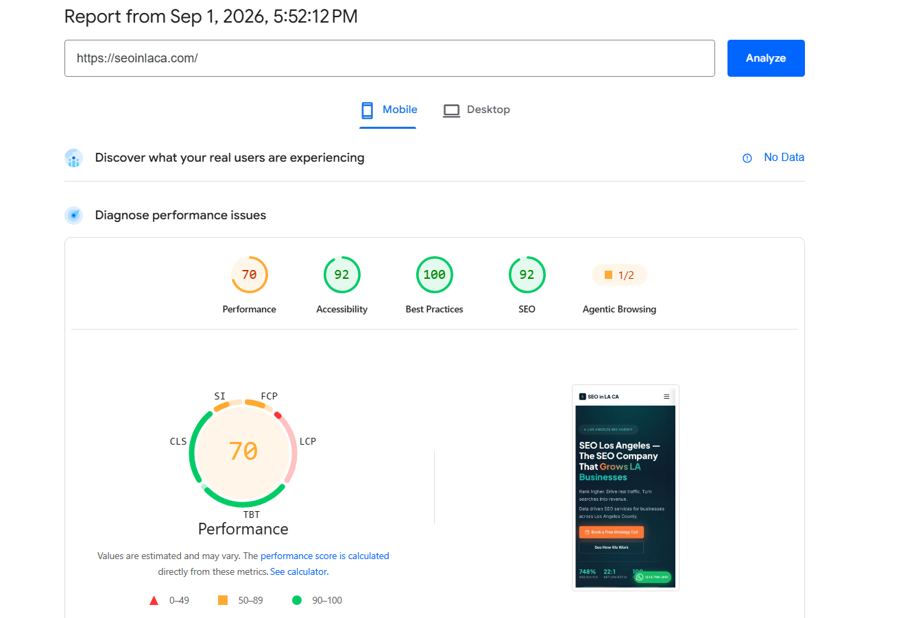 PageSpeed Insights showing 70 performance score before optimization — seoinlaca.com mobile audit